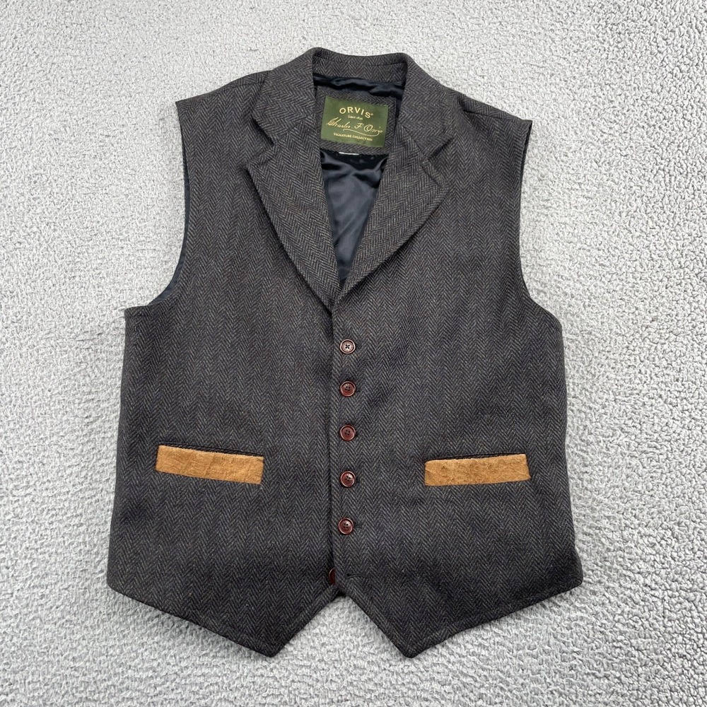 Orvis Vest Mens XL Gray Charles F Orvis Signature Herringbone Tweed Wool